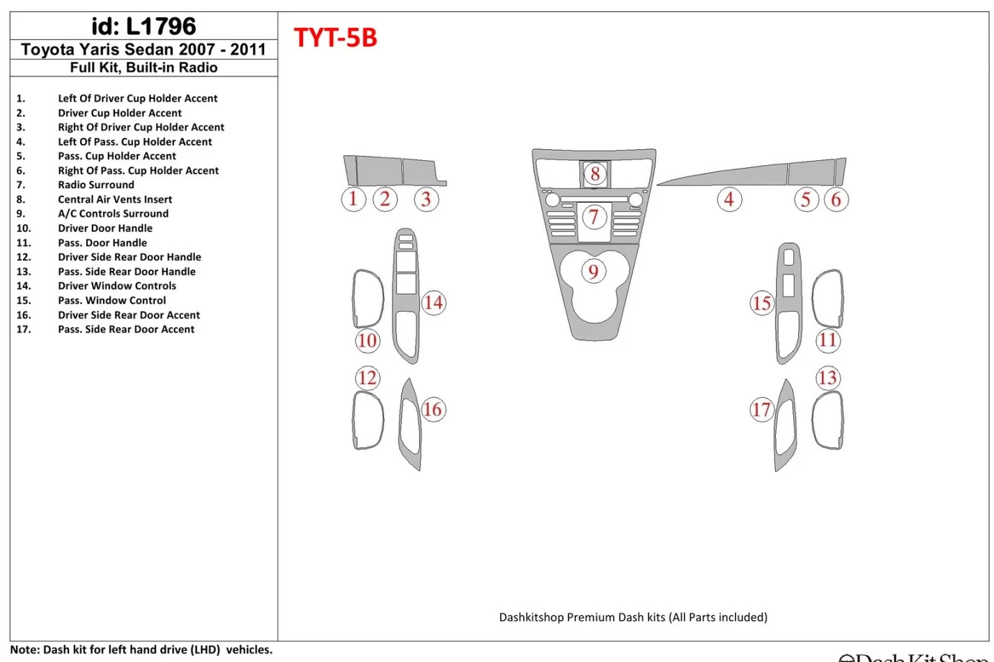 Kompletná sada Toyota Yaris 2007-UP so vstavaným rádiom interiéru BD Dash Trim Kit - 1
