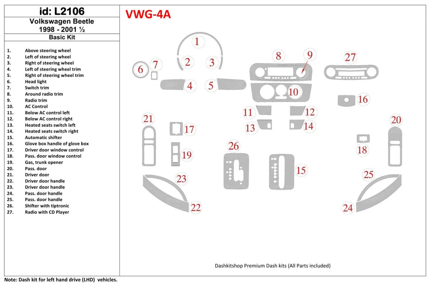 Volkswagen Beetle 1998-2001 Základná súprava interiéru BD Dash Trim Kit - 1