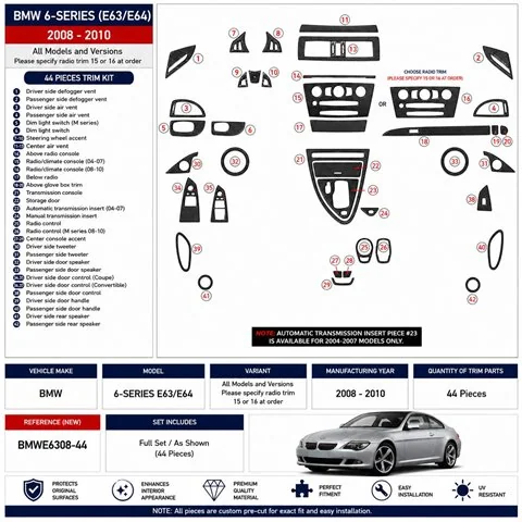 BMW 6-Series E 63 2004-2008 3D dekor palubnej dosky, 41 dielov