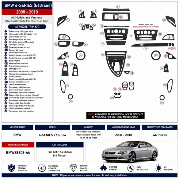 BMW 6-Series E 63 2004-2008 3D dekor palubnej dosky, 41 dielov