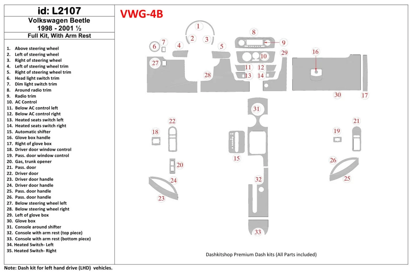 Volkswagen Beetle 1998-2001 kompletná sada, s lakťovou opierkou, sada 33 dielov Interiér BD Dash Trim Kit - 1