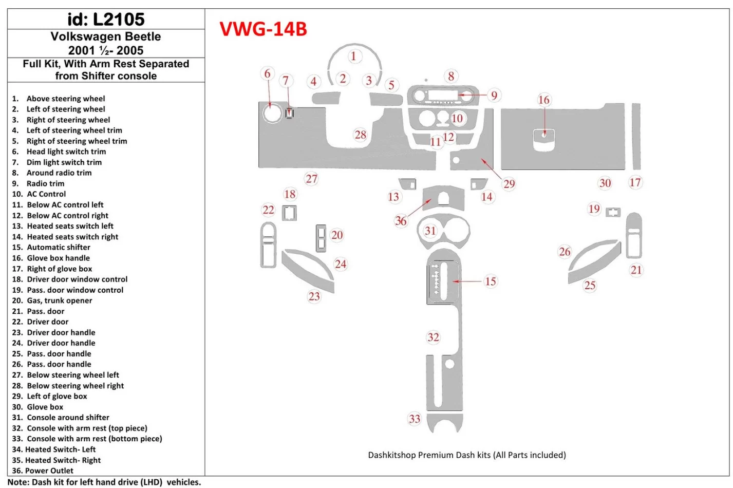 Kompletná sada Volkswagen Beetle 2001-2005 sa hodí pre kabrio a kupé s interiérom lakťovej opierky BD Dash Trim Kit - 1