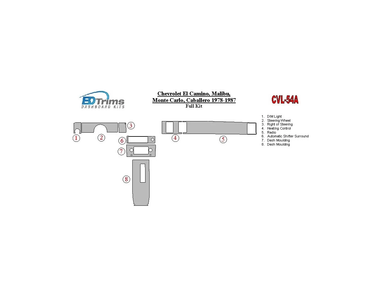 Chevrolet El Camino, Malibu, Monte Carlo, Caballero 1978-1987 Kompletná súprava interiéru BD Dash Trim Kit - 1