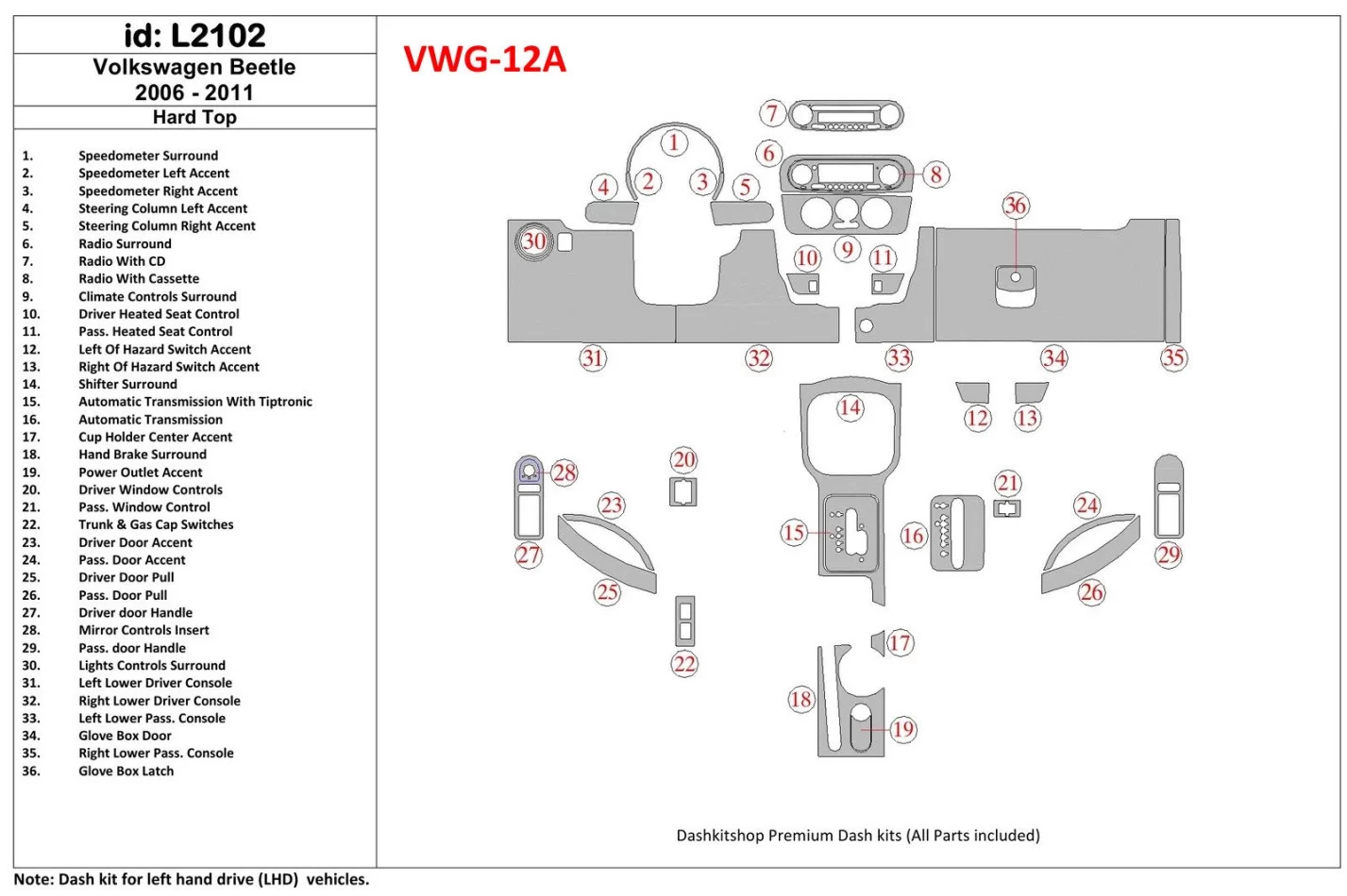 Kompletná súprava Volkswagen Beetle 2006-2011, mäkká strecha-Kupé interiér bez kabrioletu BD Dash Dekor Kit - 1