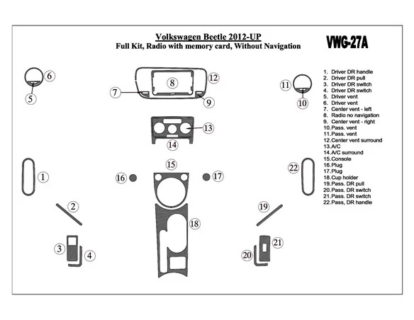 Kompletná sada Volkswagen Beetle 2012-UP, Audio SD karta, Bez NAVI Interiér BD Dash Trim Kit - 1