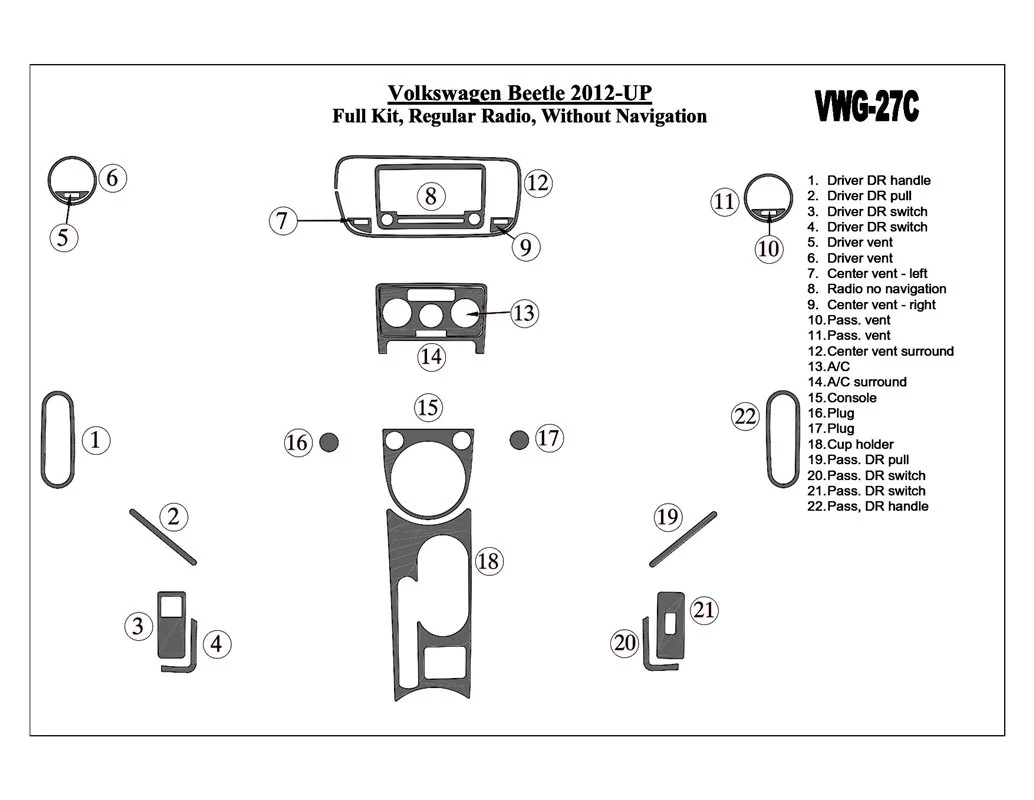 Kompletná sada Volkswagen Beetle 2012-UP, štandardné audio, bez NAVI interiéru BD Dash Trim Kit - 1