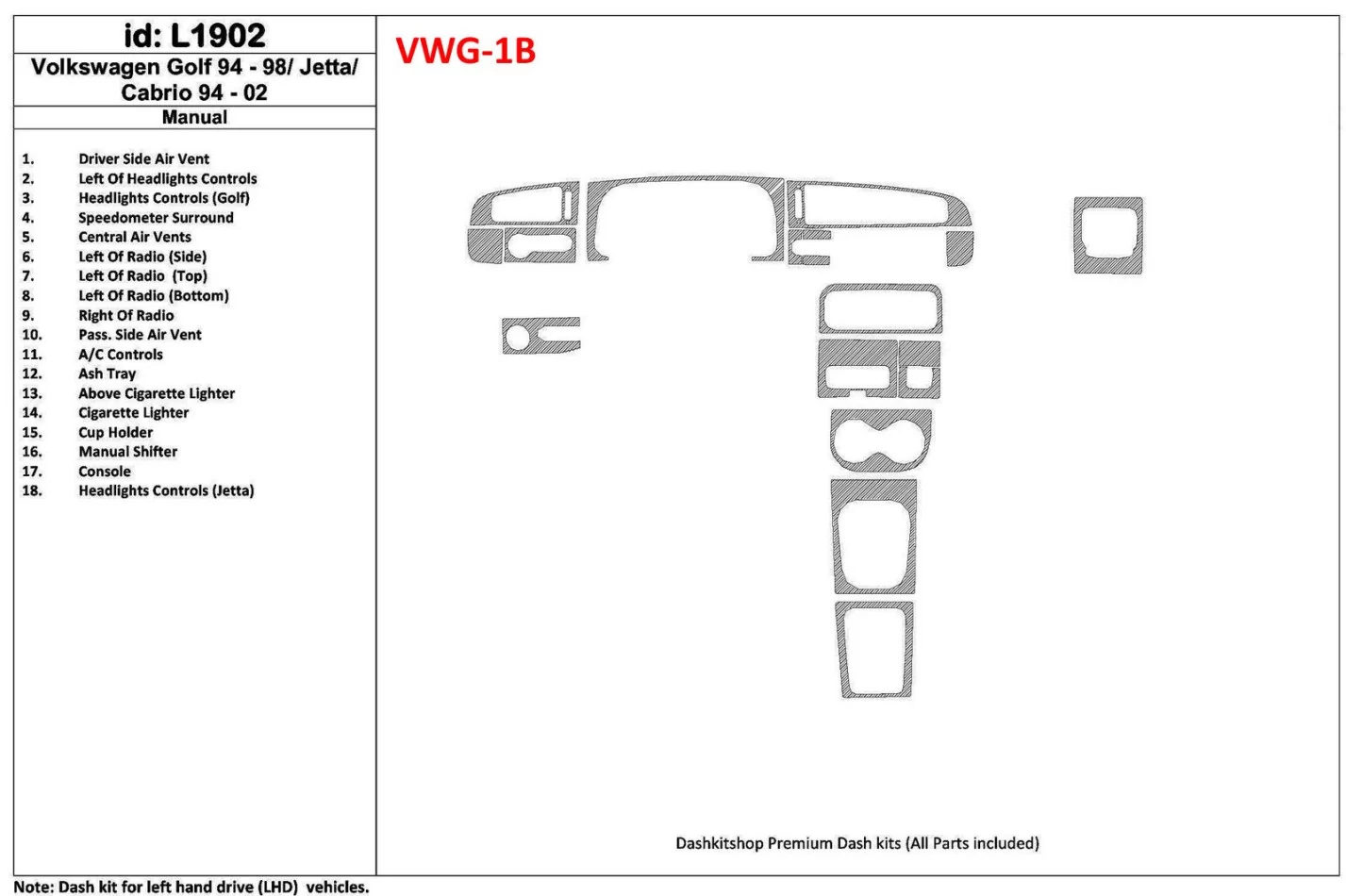 Volkswagen Cabrio 1994-2002 manuálna prevodovka, sada 18 dielov Interiér BD Dash Dem Kit Kit - 1