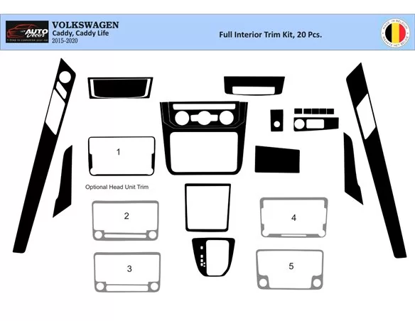 Volkswagen Caddy 09.2015 Súprava obloženia palubnej dosky 3D interiéru Dekorácia palubnej dosky 20 dielov
