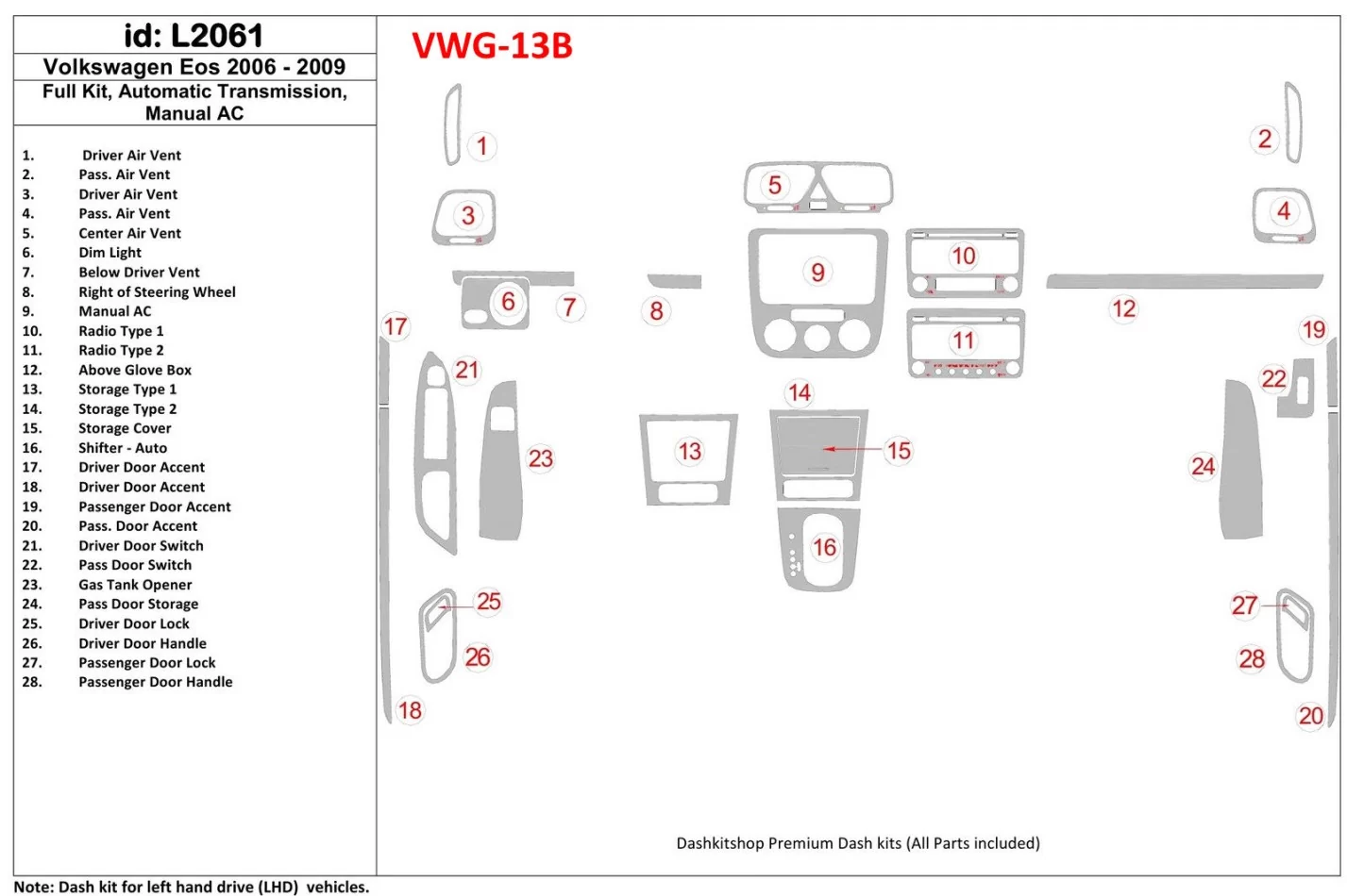 Volkswagen EOS 2006-2009 Kompletná sada, automatická prevodovka, interiér klimatizácie BD Dash Trim Kit - 1