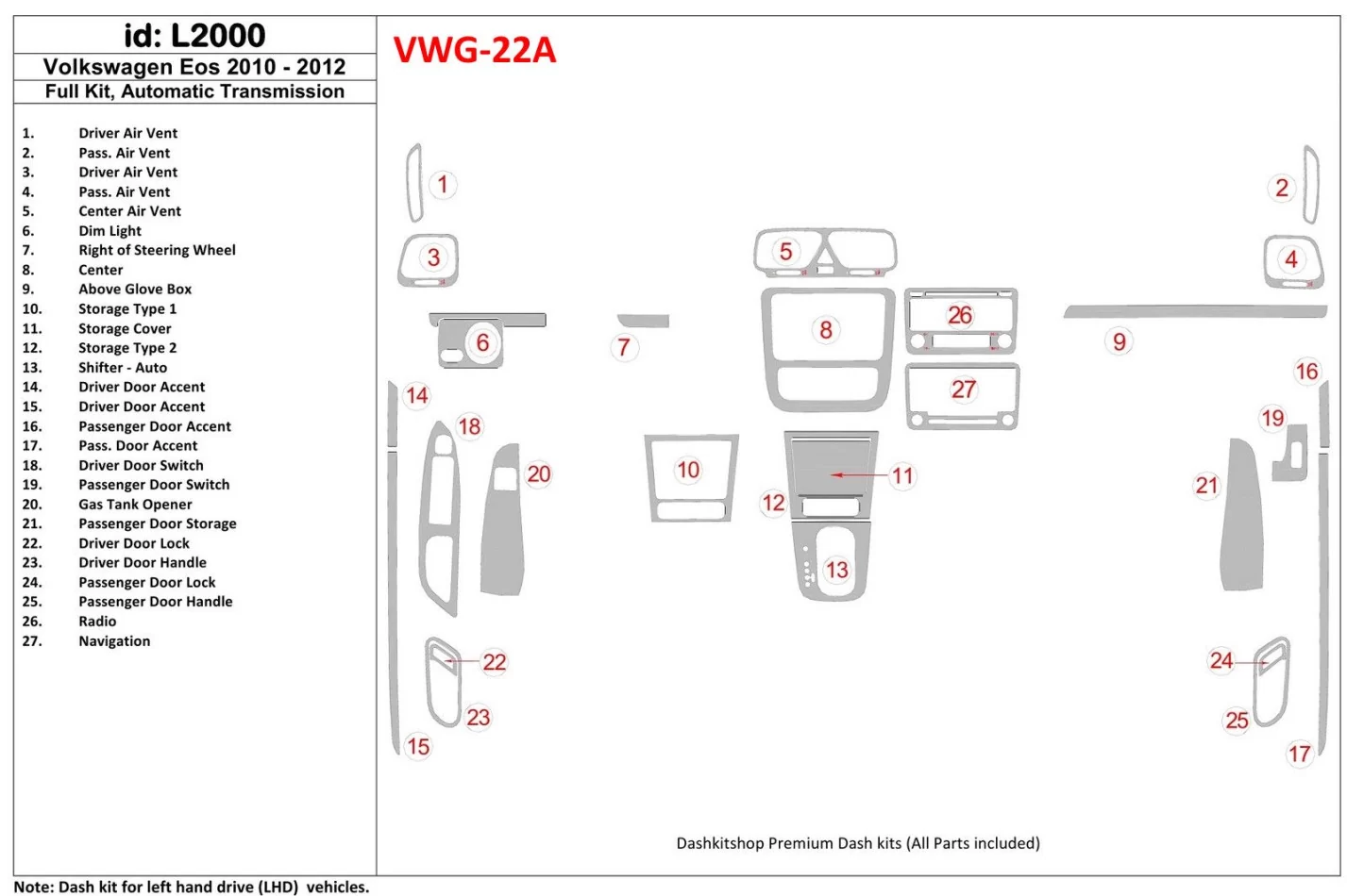 Volkswagen EOS 2010-UP Interiér BD Dash Trim Kit - 1