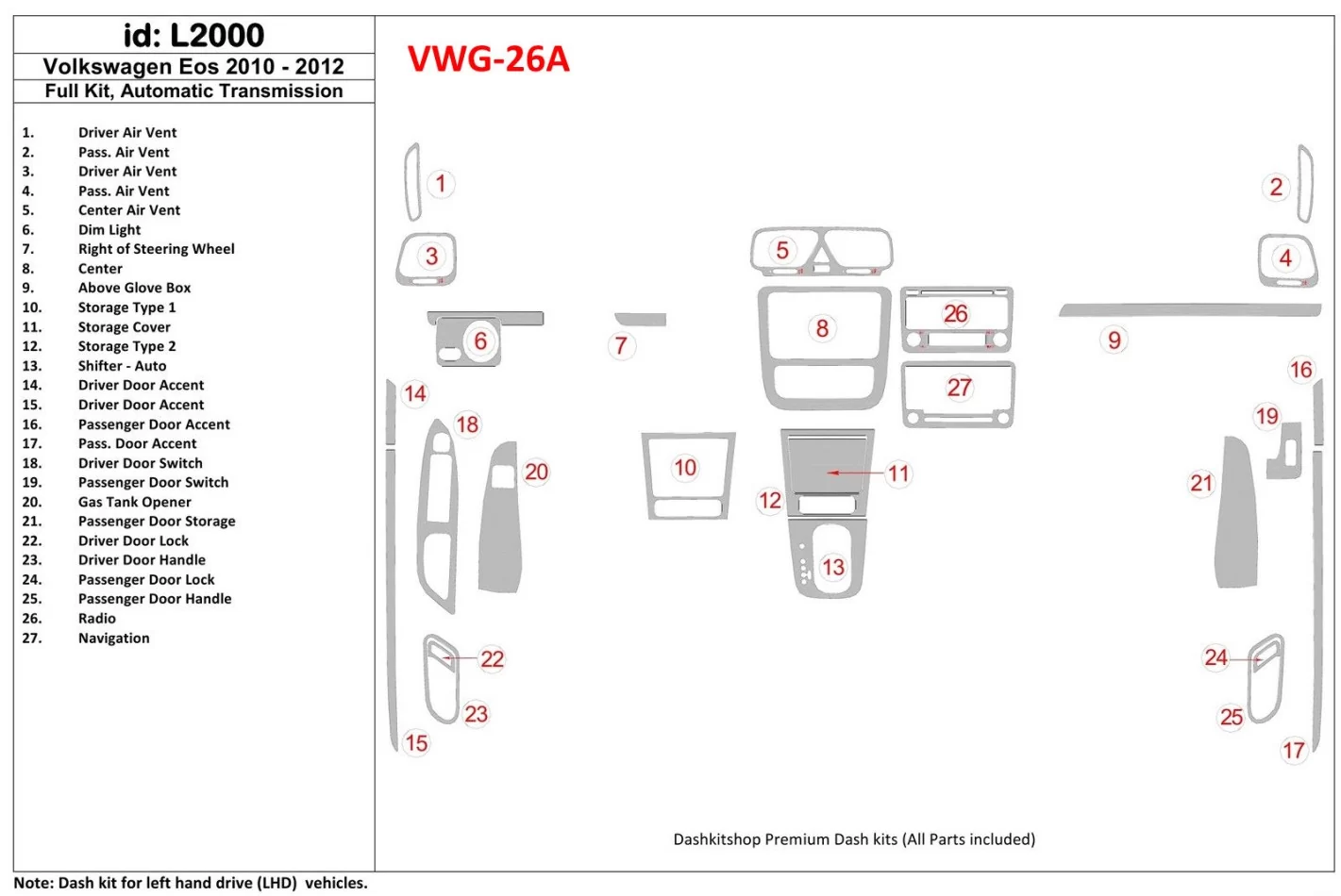 Kompletná súprava Volkswagen EOS 2013-UP, interiér automatickej prevodovky BD Dash Trim Kit - 1