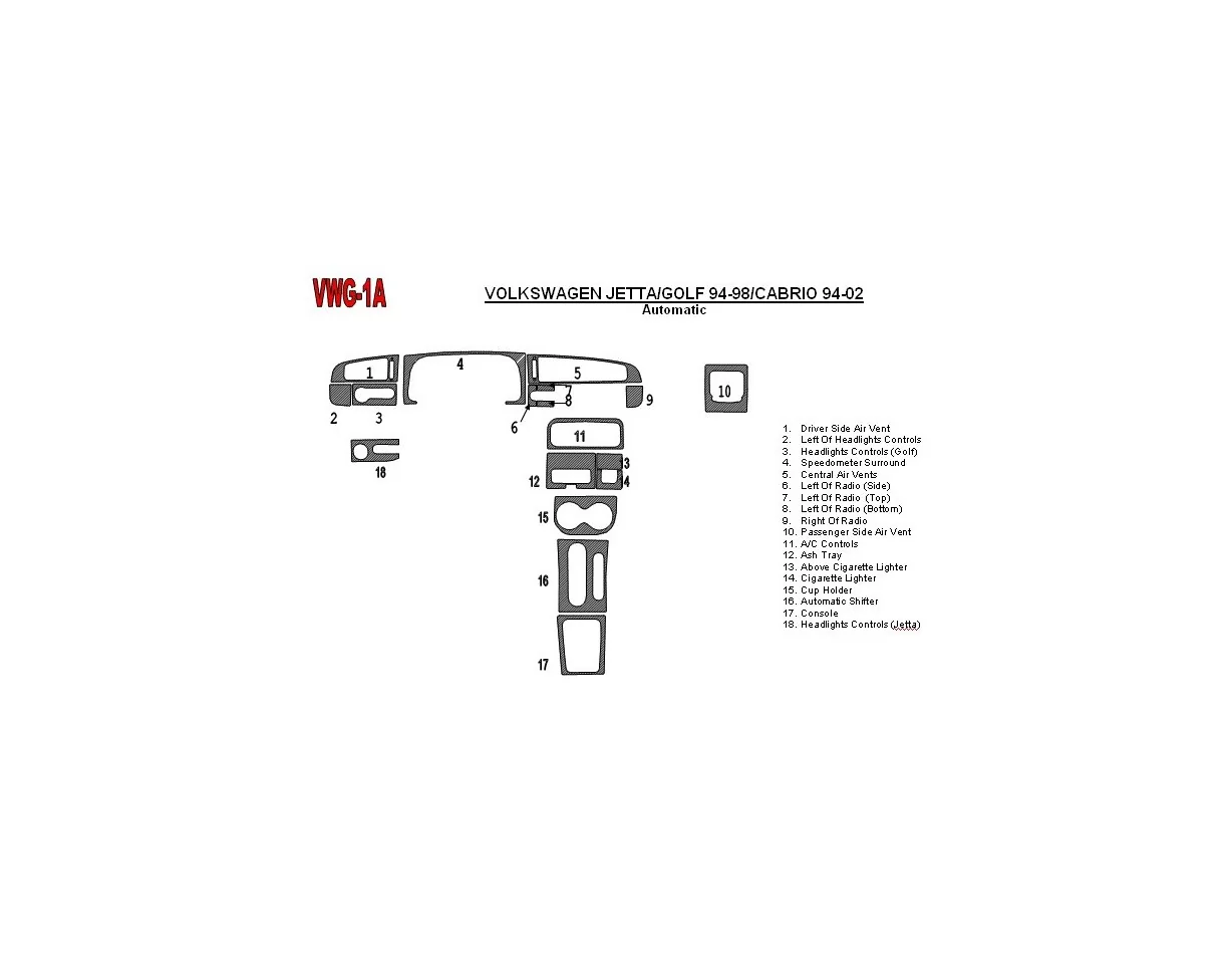 Volkswagen Golf 1994-1998 Automatická prevodovka, sada 18 dielov Interiér BD Dash Trim Kit - 1