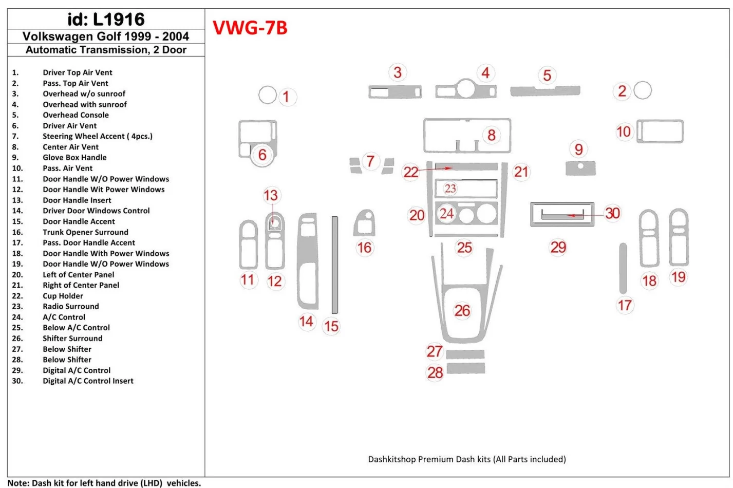 Volkswagen Golf 1999-2004 2 dvere, interiér automatickej prevodovky BD Dash Dem Kit - 1
