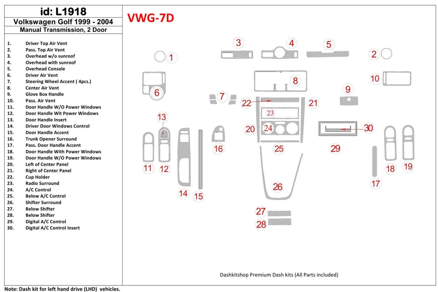 Volkswagen Golf 1999-2004 2-dverový, so žeraviacim boxom, súprava 26 dielov Interiér BD Dash Trim Kit - 1
