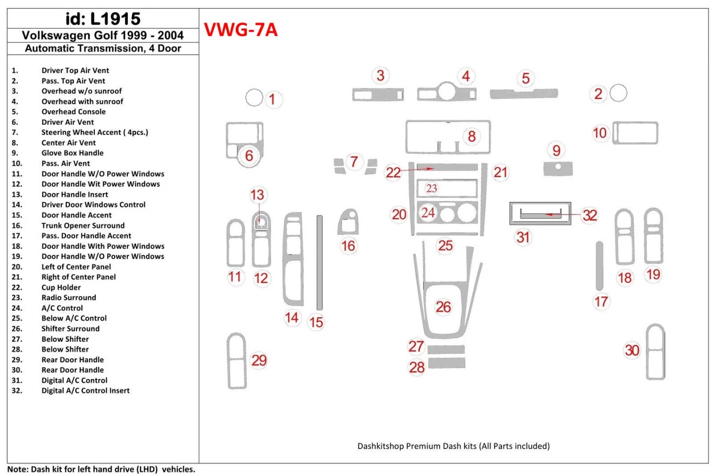 Volkswagen Golf 1999-2004 4 dvere, interiér automatickej prevodovky BD Dash Dem Kit - 1