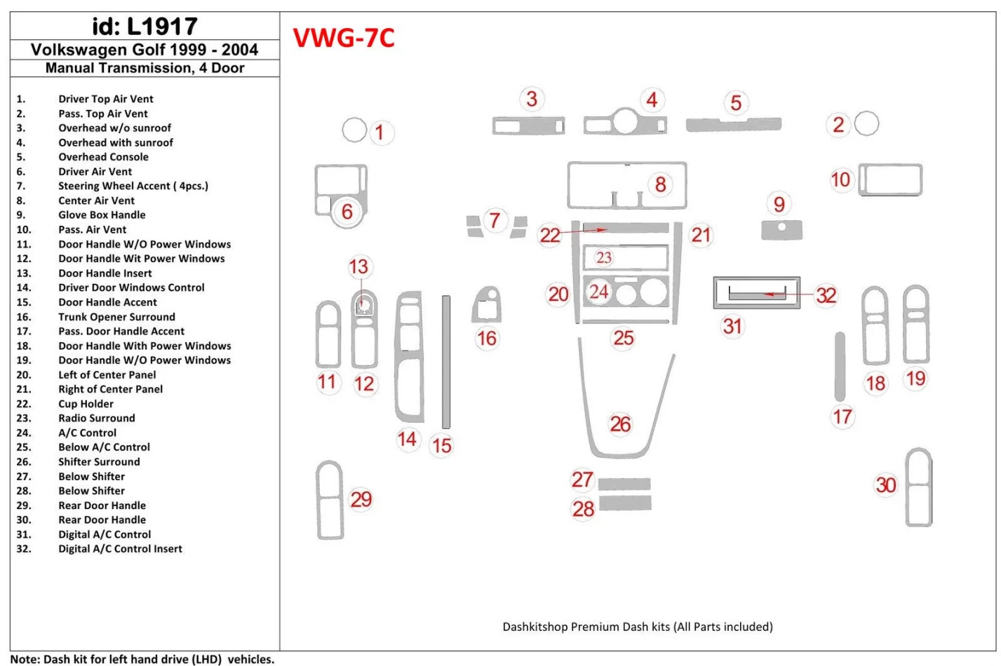 Volkswagen Golf 1999-2004 4 dvere, interiér manuálnej prevodovky BD Dash Dem Kit - 1