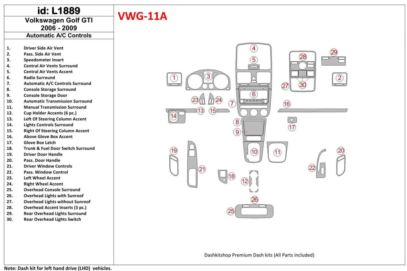 Volkswagen Golf V 2006-UP Automatická prevodovka Ovládanie klimatizácie interiéru BD Dash Trim Kit - 1