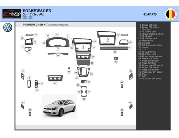 Volkswagen Golf VII AU 2012–2021 3D súprava obloženia palubnej dosky interiéru 41-dielna súprava obloženia palubnej dosky