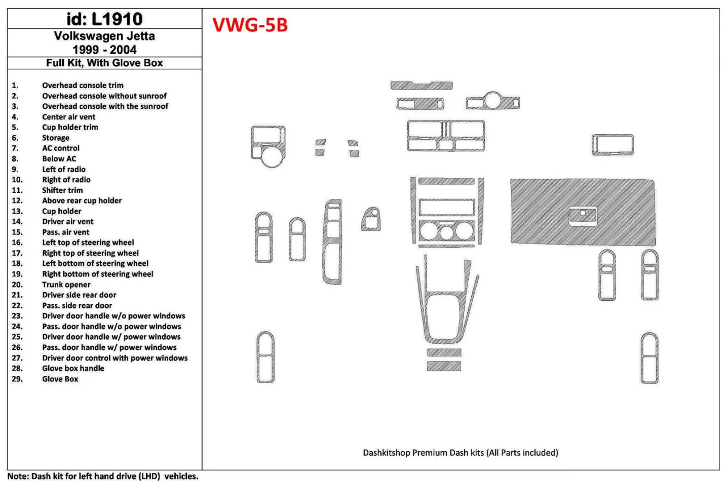 Volkswagen Jetta 1999-2004 Kompletná sada, so žeraviacim boxom, súprava 29 dielov Interiér BD Dash Trim Kit - 1