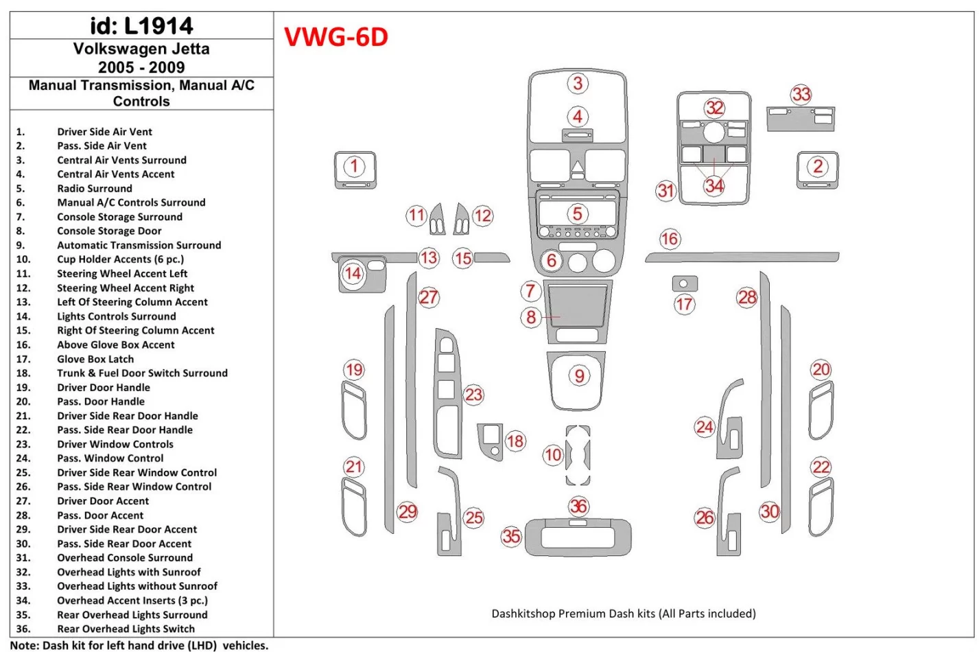Volkswagen Jetta 2005-2009 Manuálna prevodovka, Klimatizácia interiéru BD Dash Trim Kit - 1