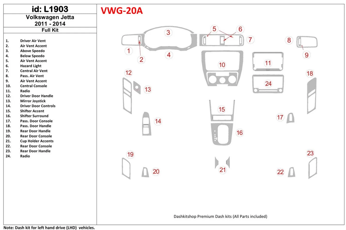 Kompletná súprava Volkswagen Jetta 2011-UP, bez súpravy NAVI interiéru BD Dash Trim Kit - 1
