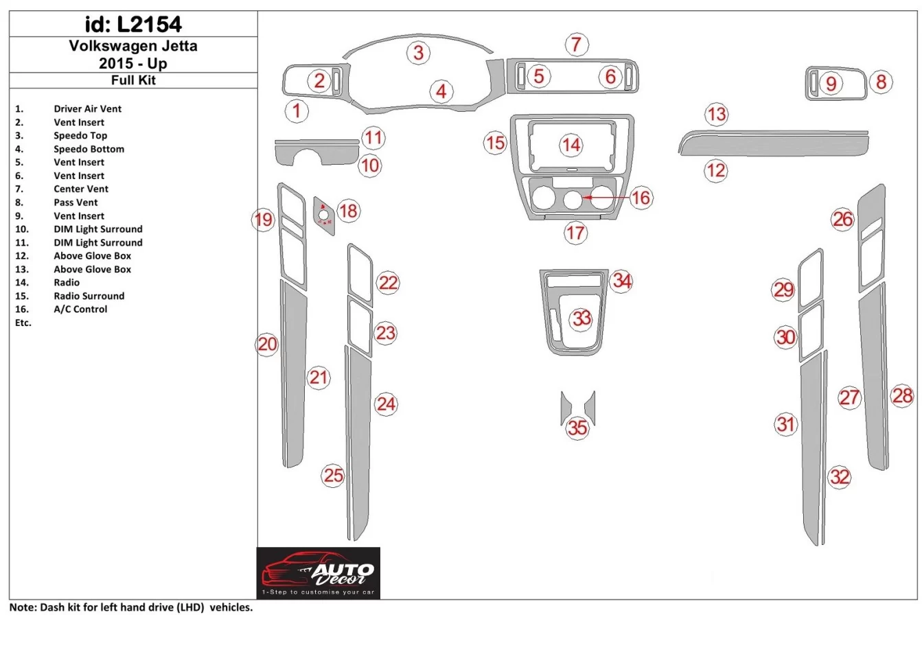 Volkswagen Jetta 2015-UP Kompletná súprava interiéru BD Dash Trim Kit - 1