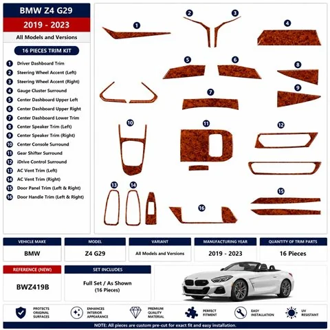 BMW Z4 G29 2019-2023 3D dekor palubnej dosky, 16 dielov 2