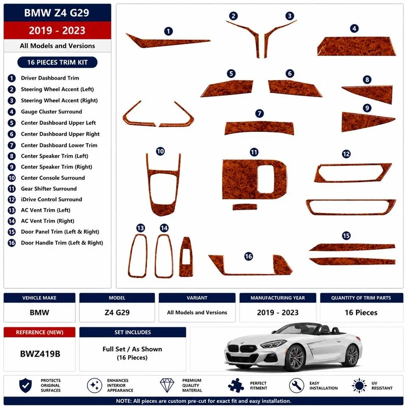 BMW Z4 G29 2019-2023 3D dekor palubnej dosky, 16 dielov