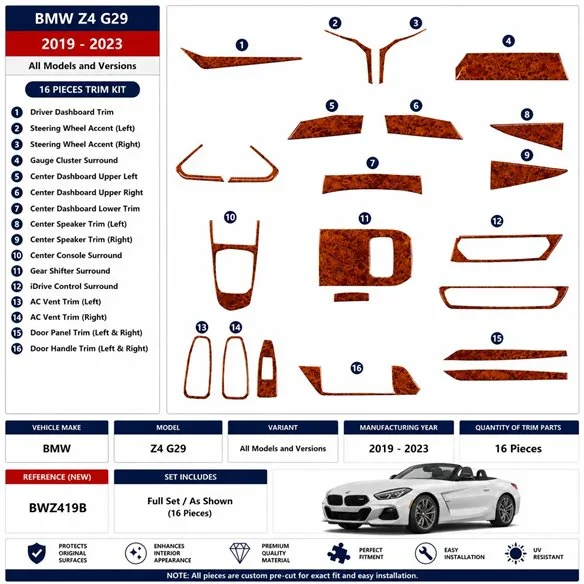 BMW Z4 G29 2019-2023 3D dekor palubnej dosky, 16 dielov