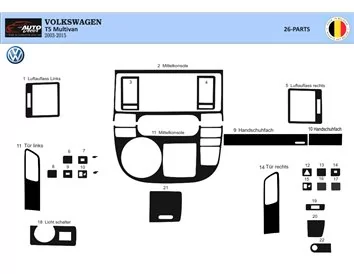Volkswagen Multivan 2003-2010 Súprava obloženia palubnej dosky interiéru 3D Obloženie palubnej dosky Dekor 26 dielov