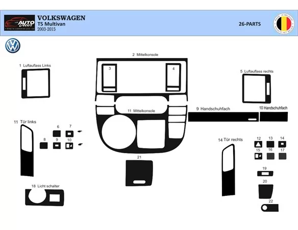 Volkswagen Multivan 2003-2010 Súprava obloženia palubnej dosky interiéru 3D Obloženie palubnej dosky Dekor 26 dielov