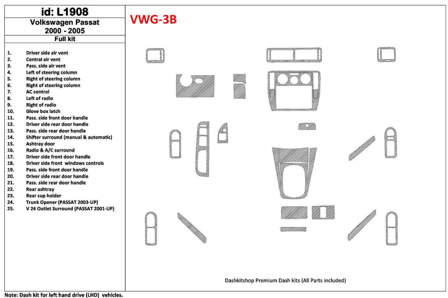Volkswagen Passat 2000-2005 Kompletná sada, sada 24 dielov Interiér BD Dash Trim Kit - 1