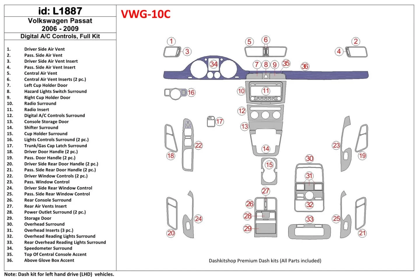 Kompletná súprava Volkswagen Passat 2006-2009, súprava automatickej regulácie klimatizácie interiéru BD Dash Trim Kit - 1