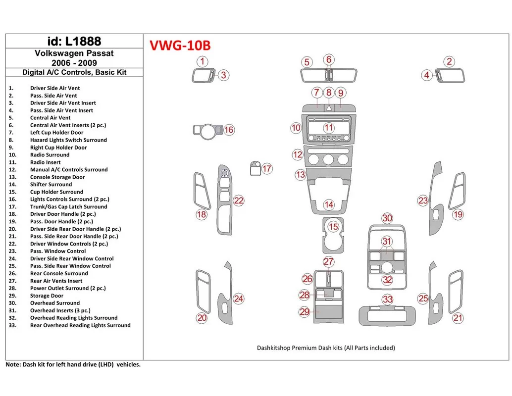 Volkswagen Passat 2006-2009 Ovládanie AC manuálnej prevodovky, základná súprava interiéru BD Dash Dem Kit - 1