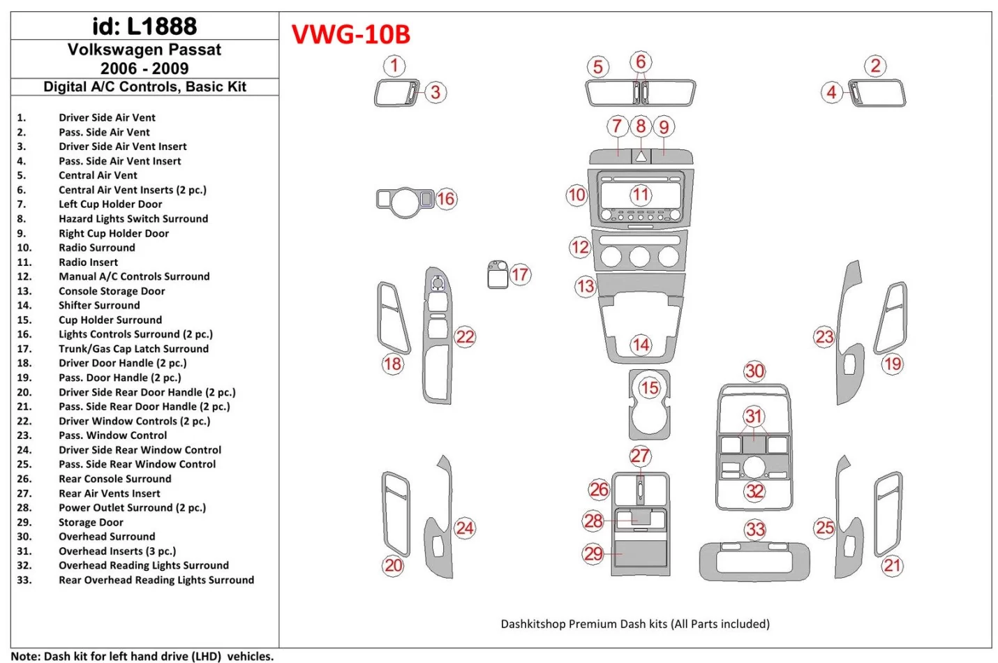 Volkswagen Passat 2006-2009 Ovládanie AC manuálnej prevodovky, základná súprava interiéru BD Dash Dem Kit - 1