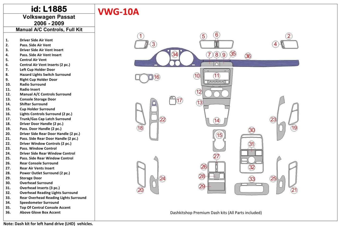 Volkswagen Passat 2006-2009 Ovládanie AC manuálnej prevodovky, kompletná súprava interiéru BD Dash Trim Kit - 1