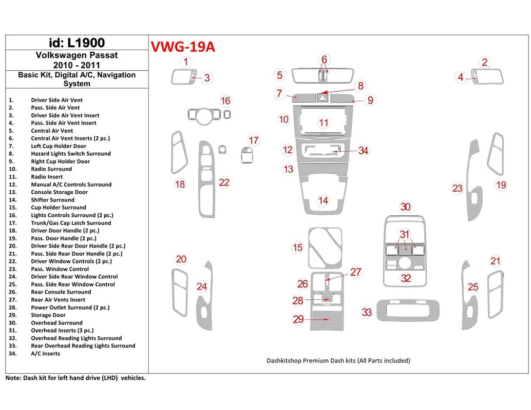Základná sada Volkswagen Passat 2010-UP, Automatická klimatizácia, Navigačný systém Interiér BD Dash Trim Kit - 1