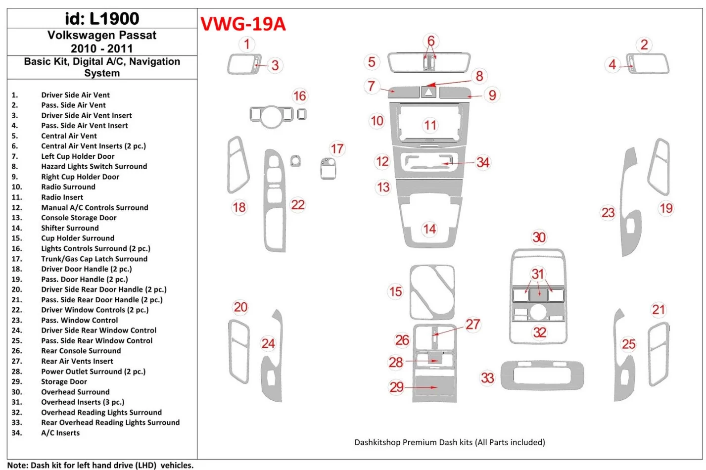 Základná sada Volkswagen Passat 2010-UP, Automatická klimatizácia, Navigačný systém Interiér BD Dash Trim Kit - 1
