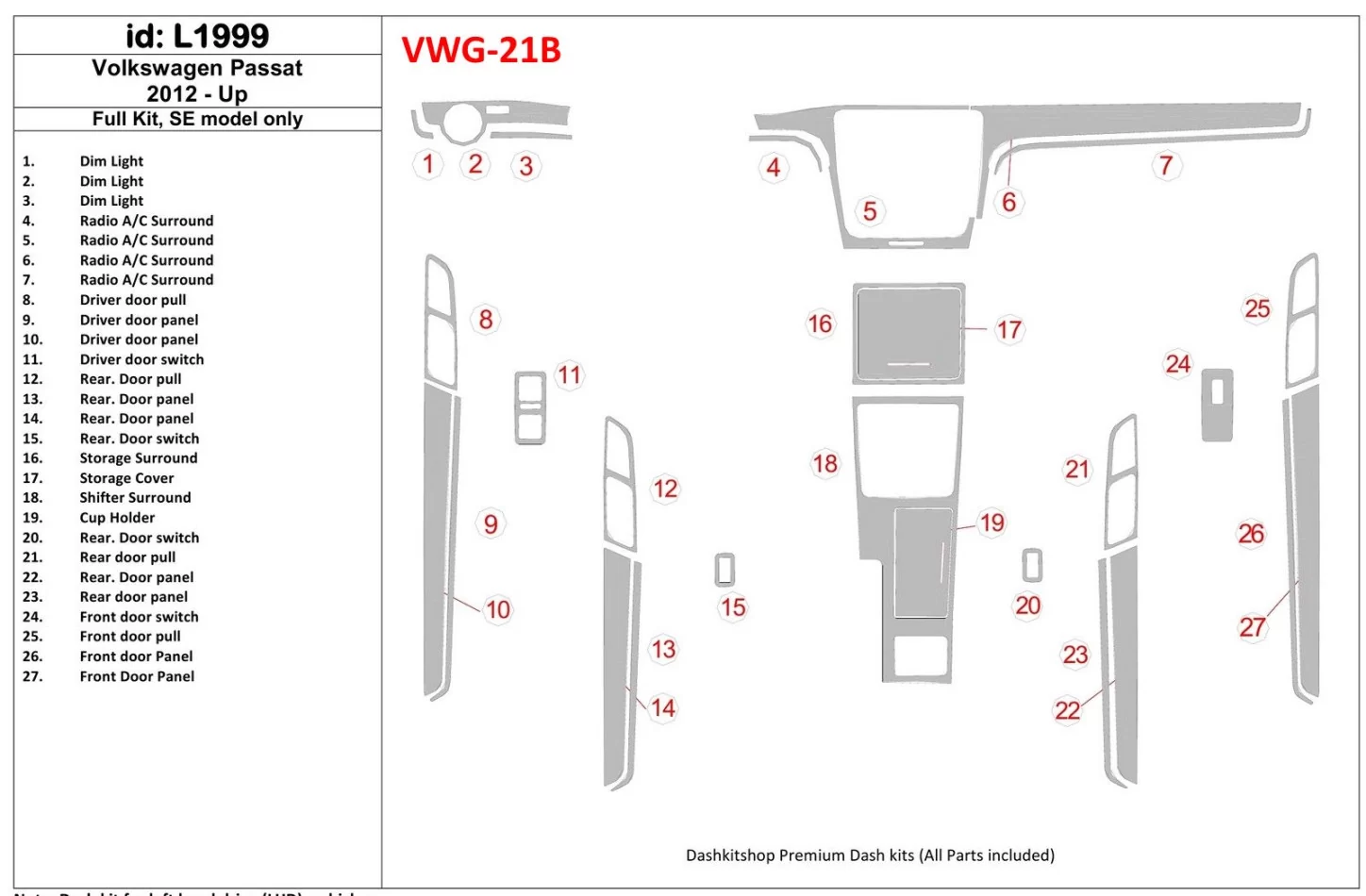 Volkswagen Passat B7 2012-UP SE Model Interiér BD Dash Trim Kit - 1