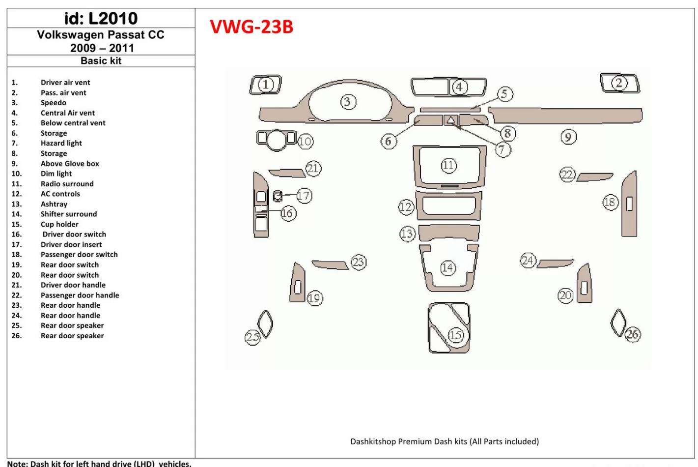 Volkswagen Passat CC 2009-2011 Základná súprava interiéru BD Dash Trim Kit - 1