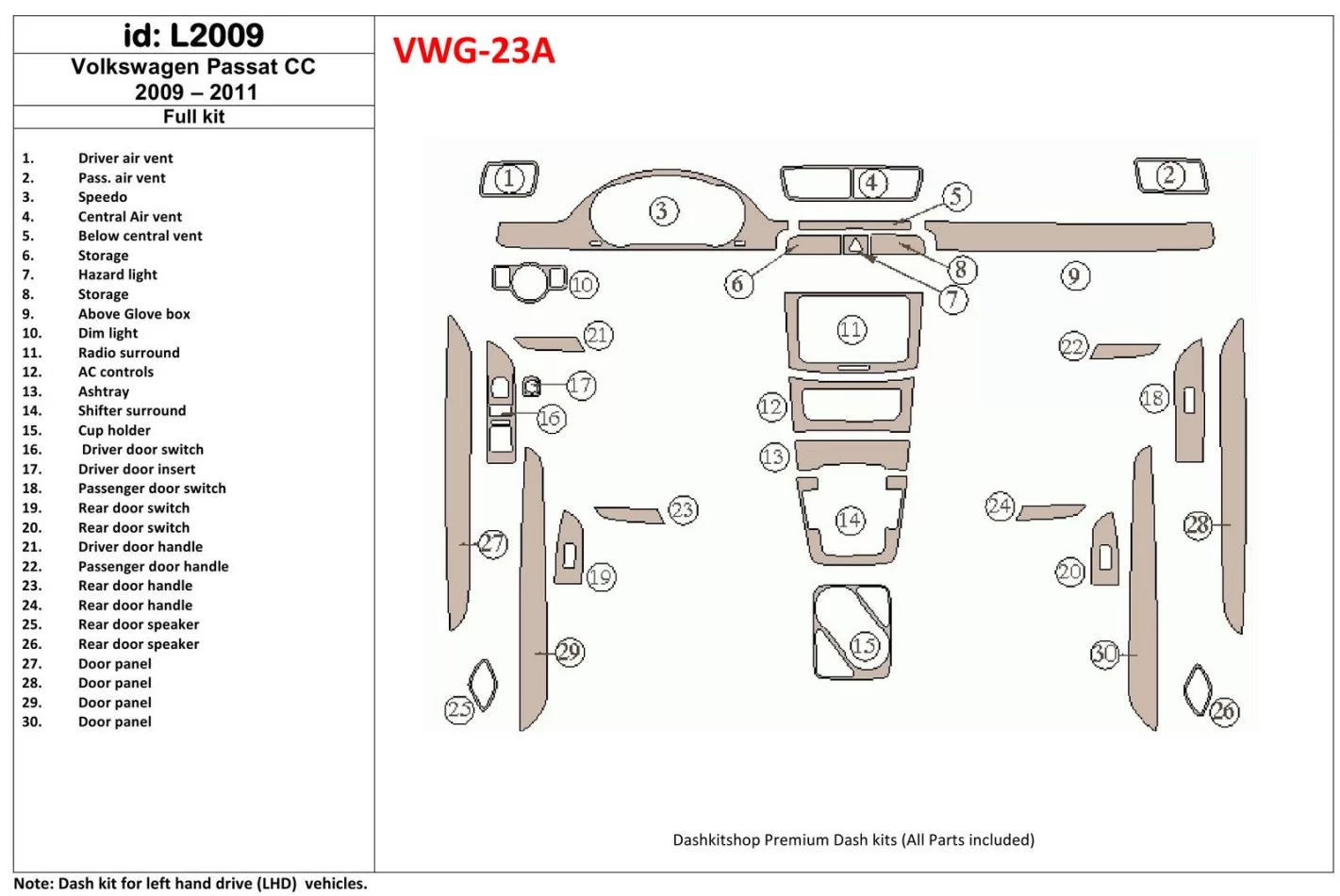 Volkswagen Passat CC 2009-2011 Kompletná súprava interiéru BD Dash Trim Kit - 1