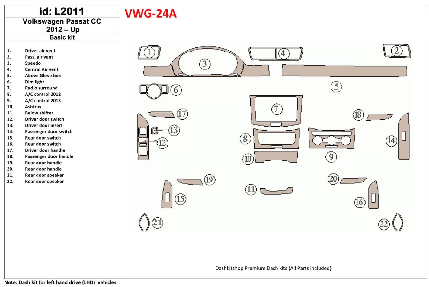 Volkswagen Passat CC 2012-UP Základná súprava interiéru BD Dash Trim Kit - 1