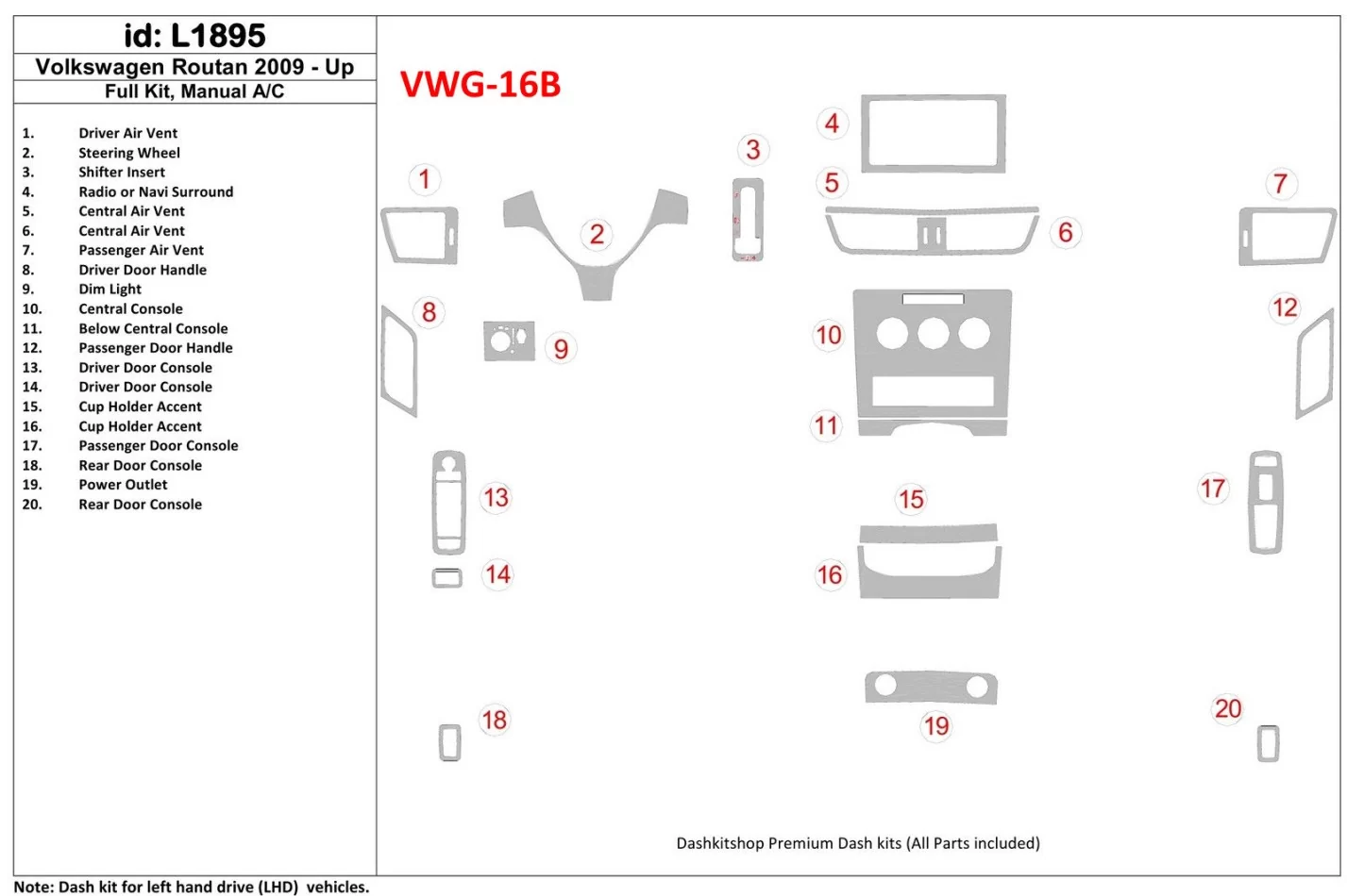 Volkswagen Routan 2009-UP Kompletná súprava, manuálna prevodovka AC interiér BD Dash Dem Kit - 1
