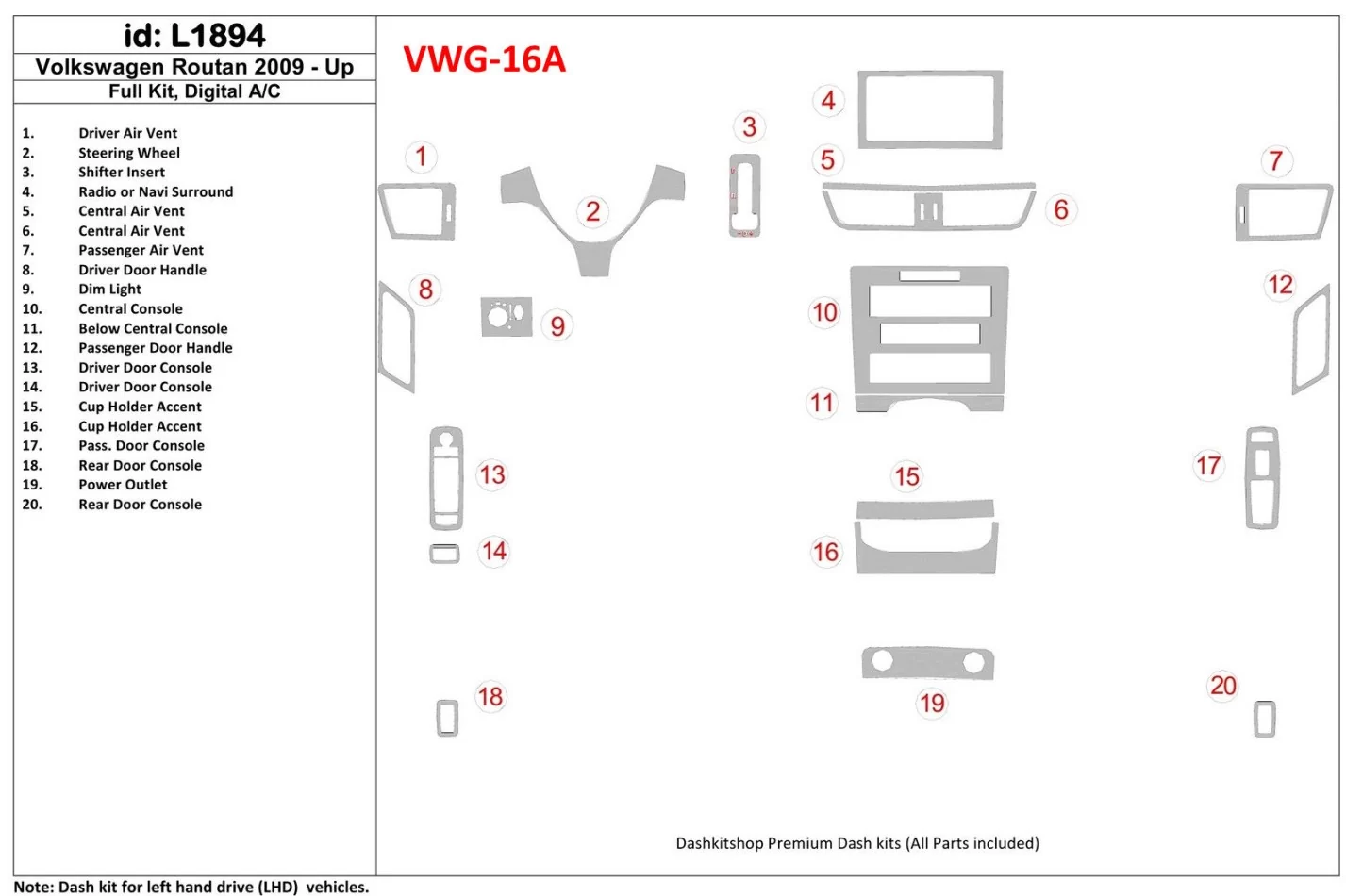 Kompletná súprava Volkswagen Routan 2009-UP, súprava obloženia palubnej dosky pre automatickú klimatizáciu interiéru BD - 1