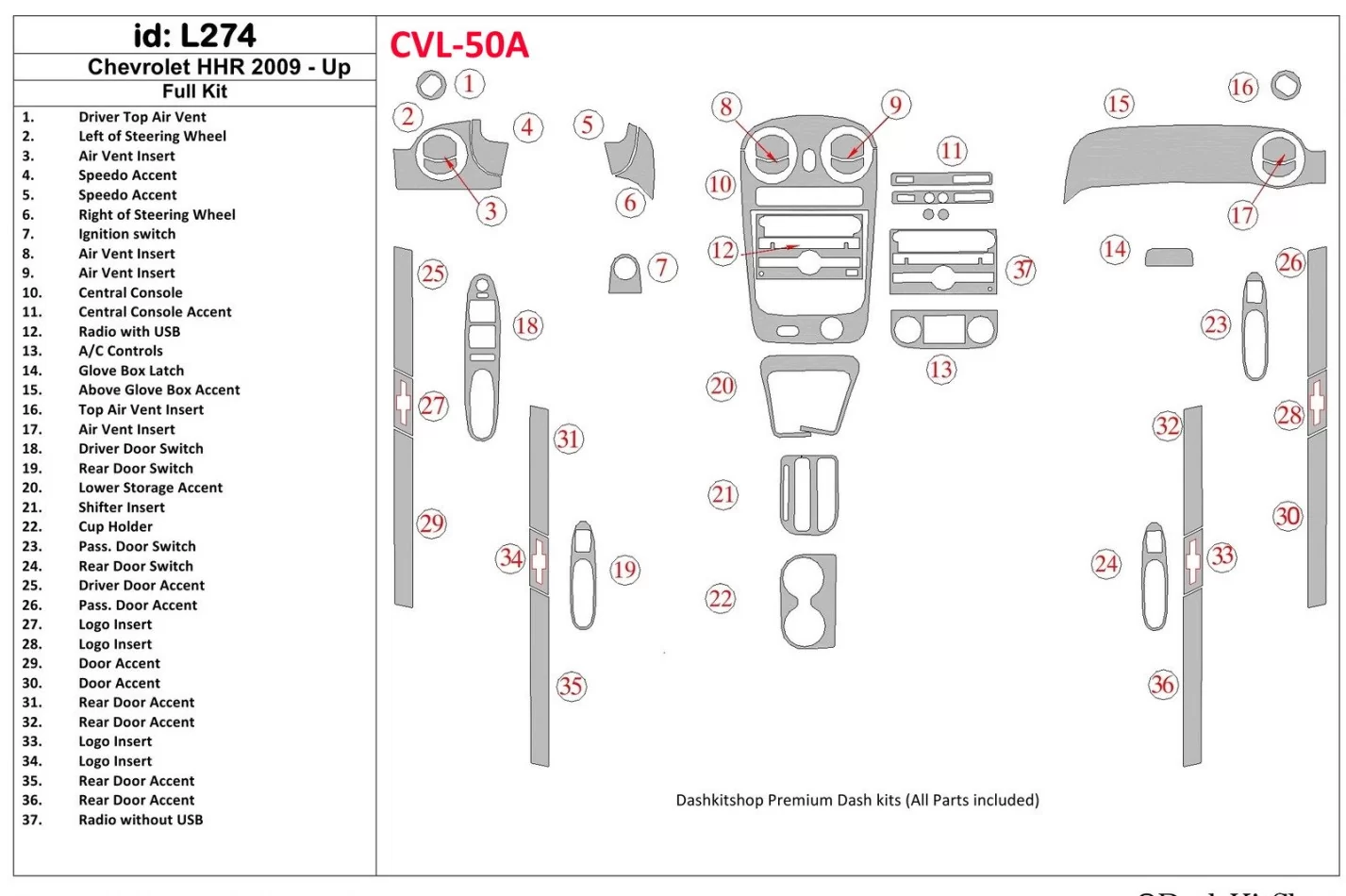 Chevrolet HHR 2009-UP Kompletná súprava interiéru BD Dash Dekor Kit - 1