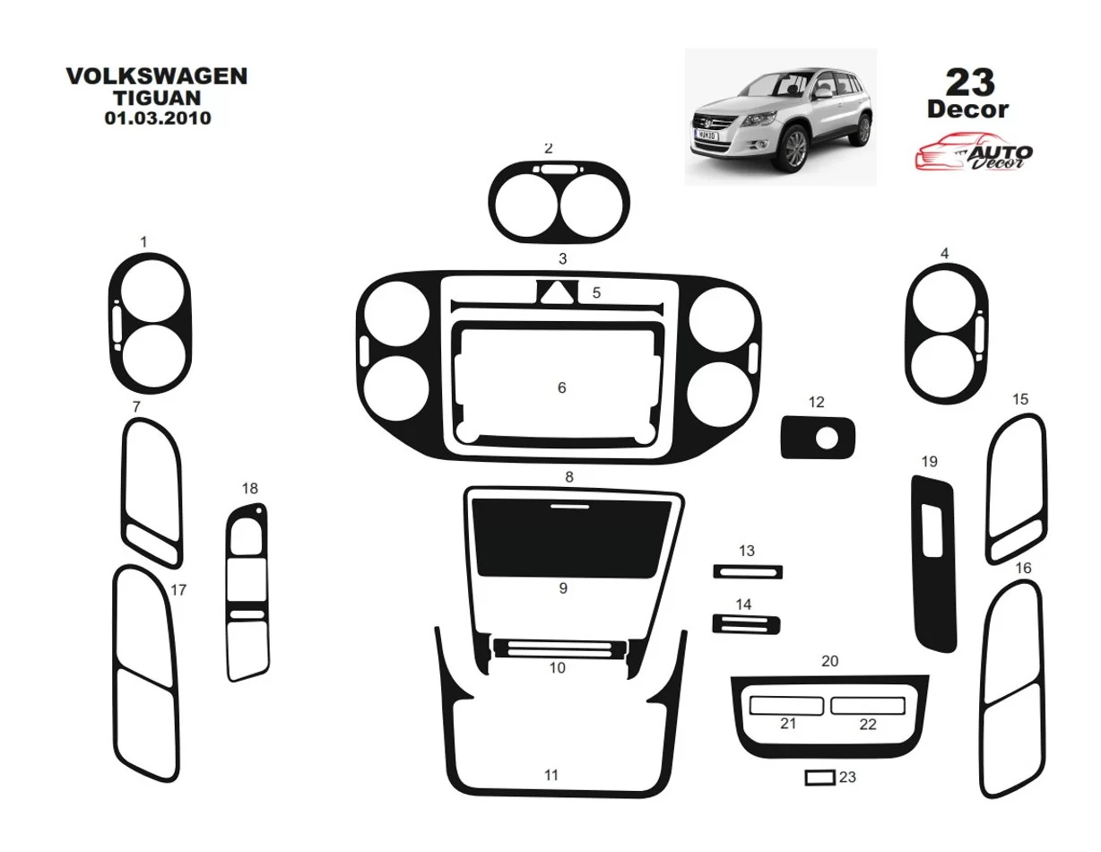 Volkswagen Tiguan 09.2011 Súprava obloženia palubnej dosky 3D interiéru Dekorácia palubnej dosky 23 dielov - 1