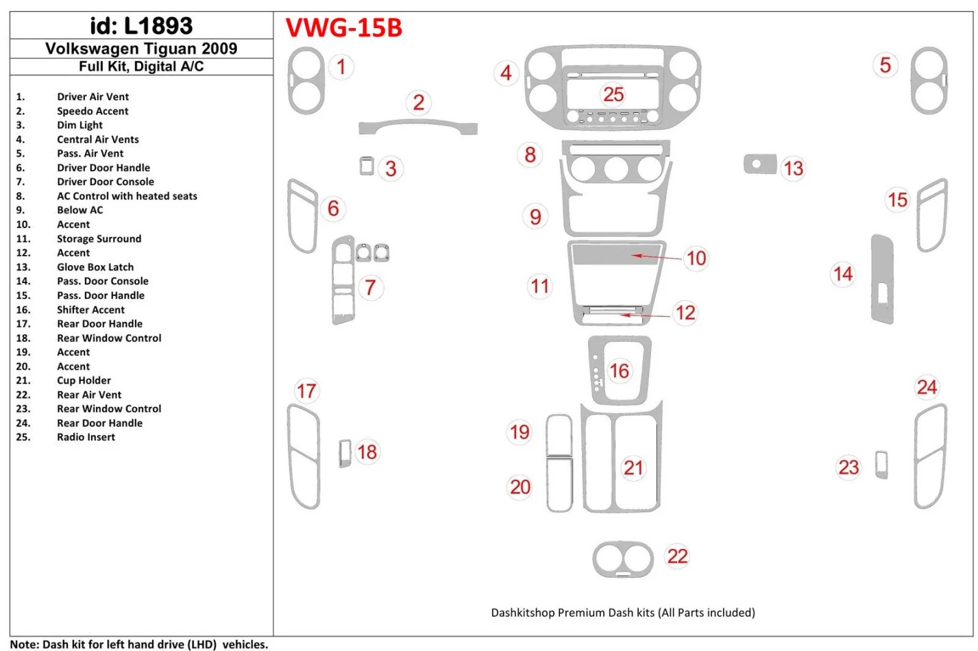 Volkswagen Tiguan 2009-2009 Kompletná sada, Automatická súprava AC interiéru BD Dash Dekor - 1