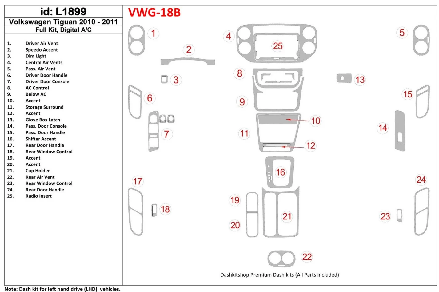 Kompletná súprava Volkswagen Tiguan 2010-UP, súprava obloženia palubnej dosky v interiéri automatického ovládania AC BD - 1