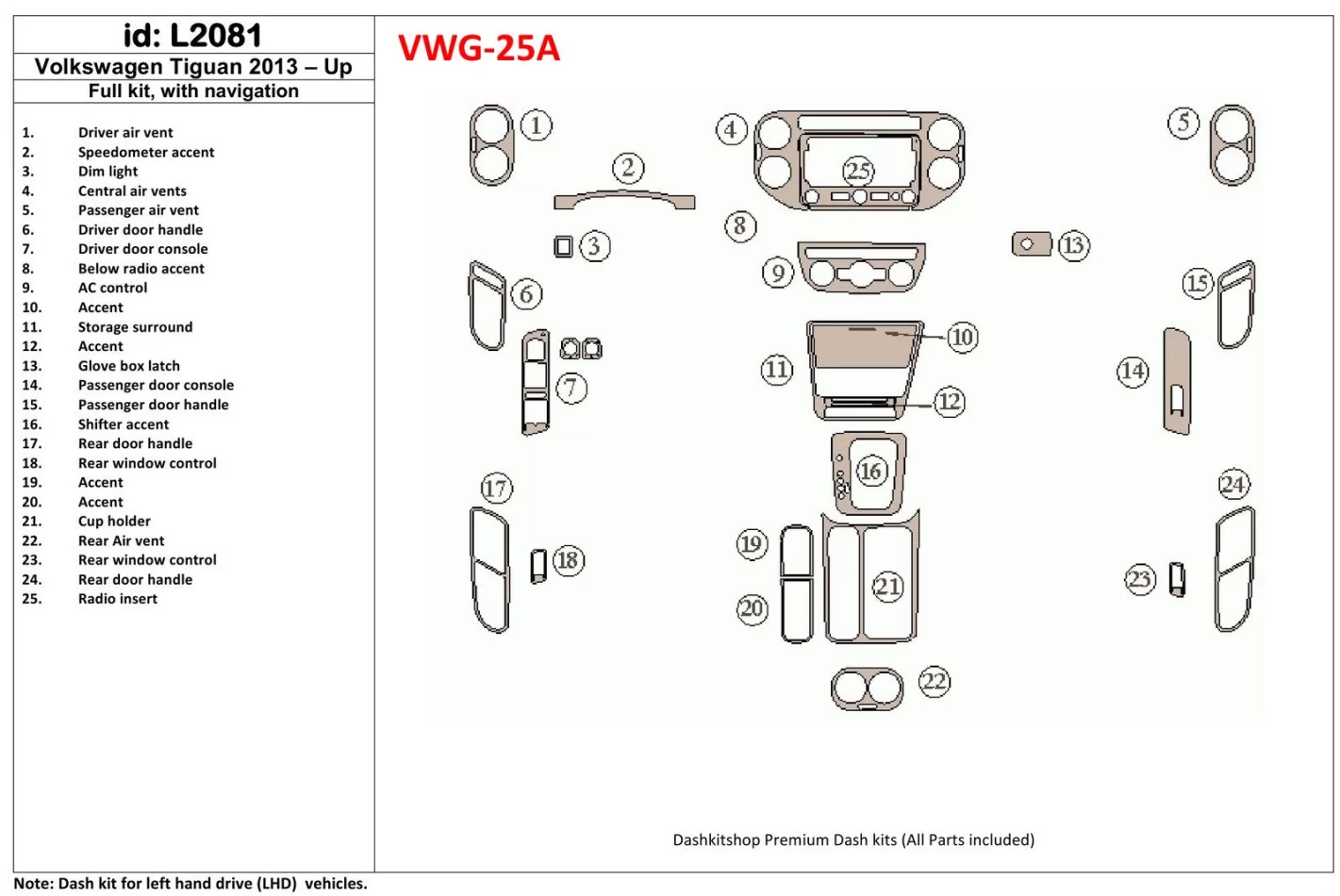 Kompletná súprava Volkswagen Tiguan 2013-UP s vnútornou súpravou NAVI BD Dash Trim Kit - 1