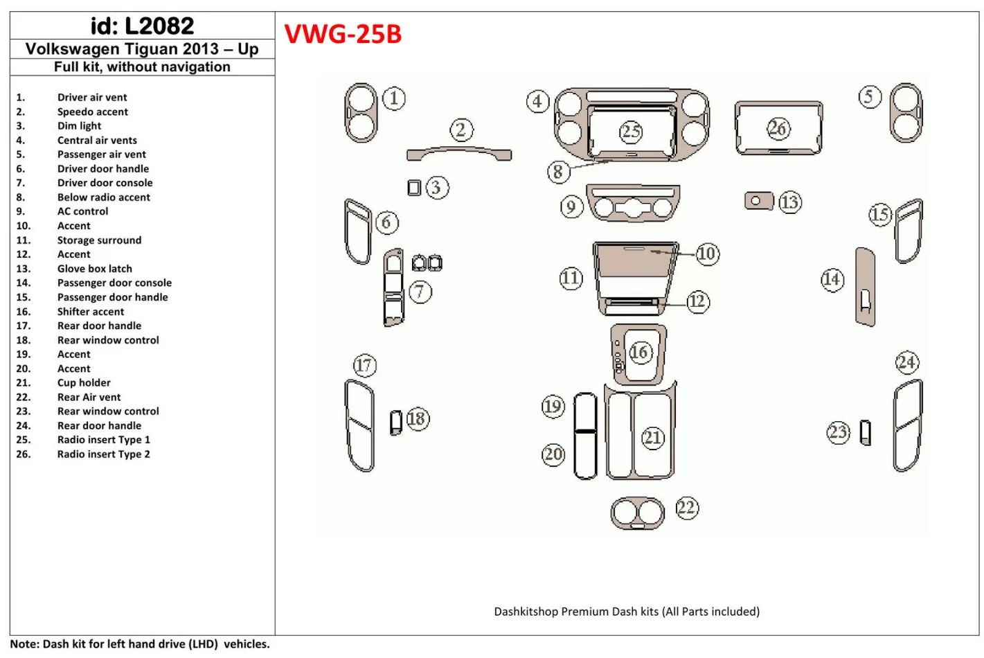 Kompletná súprava Volkswagen Tiguan 2013-UP, bez súpravy NAVI interiéru BD Dash Trim Kit - 1